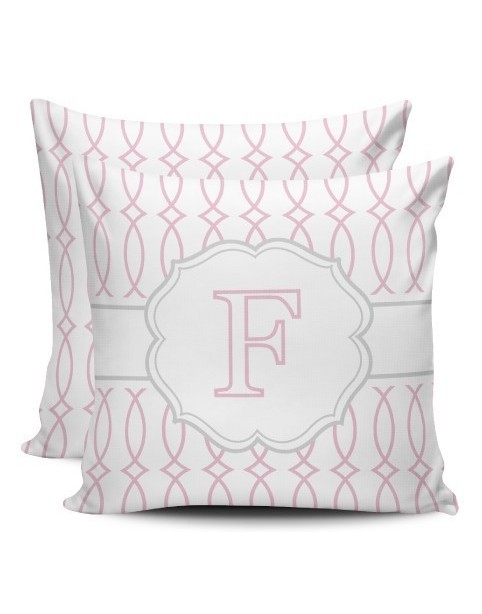 Monogram Cushion - gray and pink closed trellis