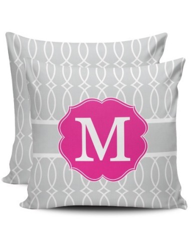 Almofada com Monograma - trellis fechado cinza e rosa forte