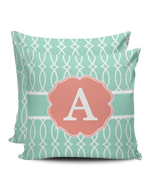 Monogram Cushion - green and orange closed trellis