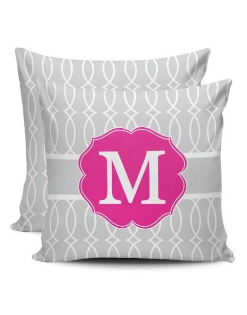 Cojín Monogram - enrejado cerrado gris y rosa fuerte