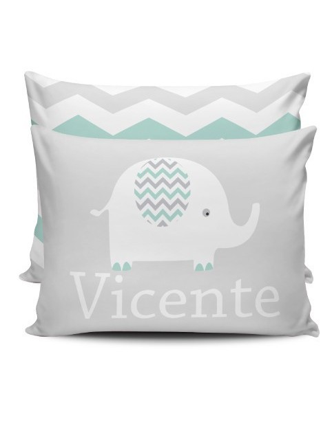 Almofada Personalizada com nome cinza e verde - elefante chevron
