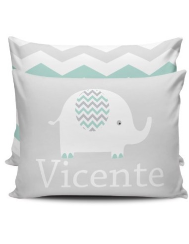 Almofada Personalizada com nome cinza e verde - elefante chevron